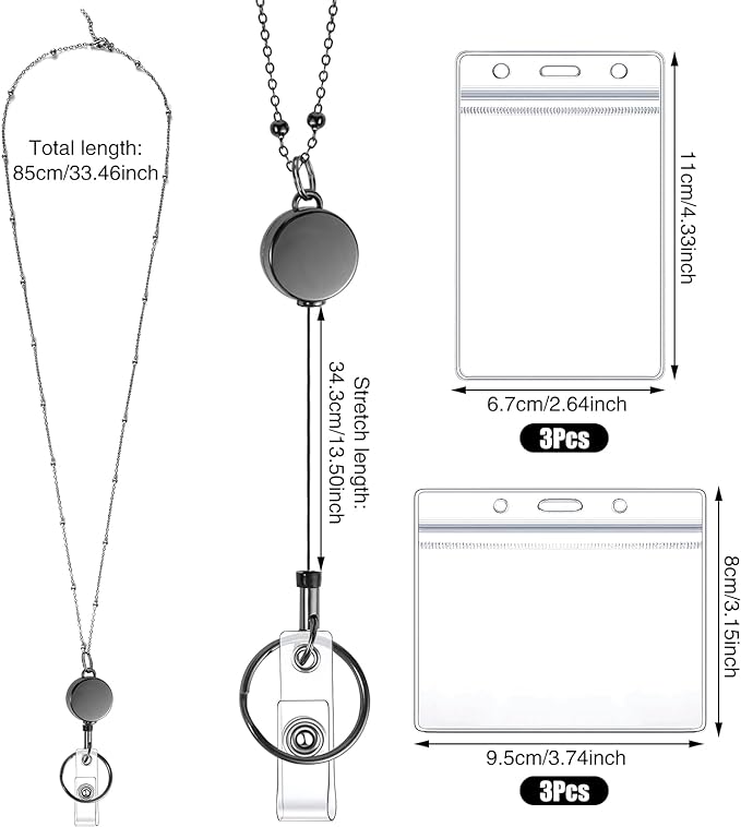 Lanyards for Id Badges 3 Pack Badge Lanyard with 6 Pcs Id Badge Holder Retractable Stainless Steel Teacher Lanyard Cruise Ship Lanyards for Girl Women (Black, Silver, Rose Gold)