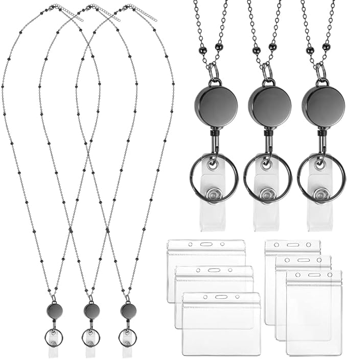 Lanyards for Id Badges 3 Pack Badge Lanyard with 6 Pcs Id Badge Holder Retractable Stainless Steel Teacher Lanyard Cruise Ship Lanyards for Girl Women (Black, Silver, Rose Gold)