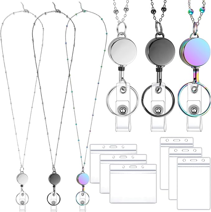 Lanyards for Id Badges 3 Pack Badge Lanyard with 6 Pcs Id Badge Holder Retractable Stainless Steel Teacher Lanyard Cruise Ship Lanyards for Girl Women (Black, Silver, Rose Gold)