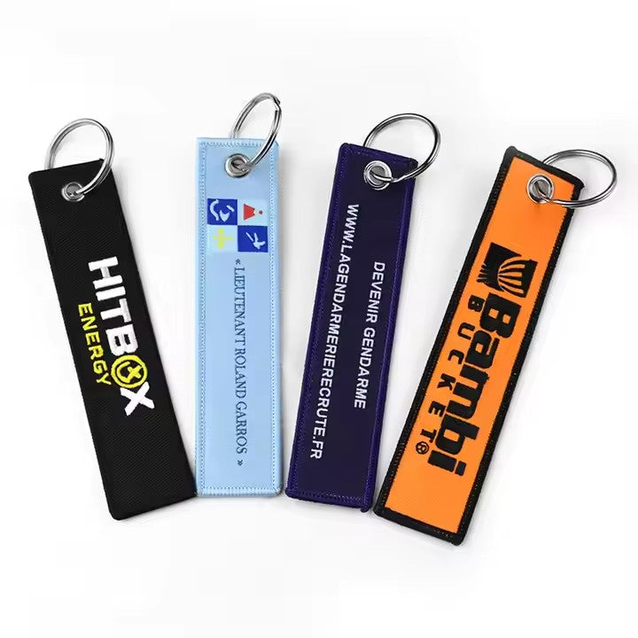 Custom Jet Tag Fabric Embroidery Keychain Lanyard Key Tag With Embroidery Unique Keychains